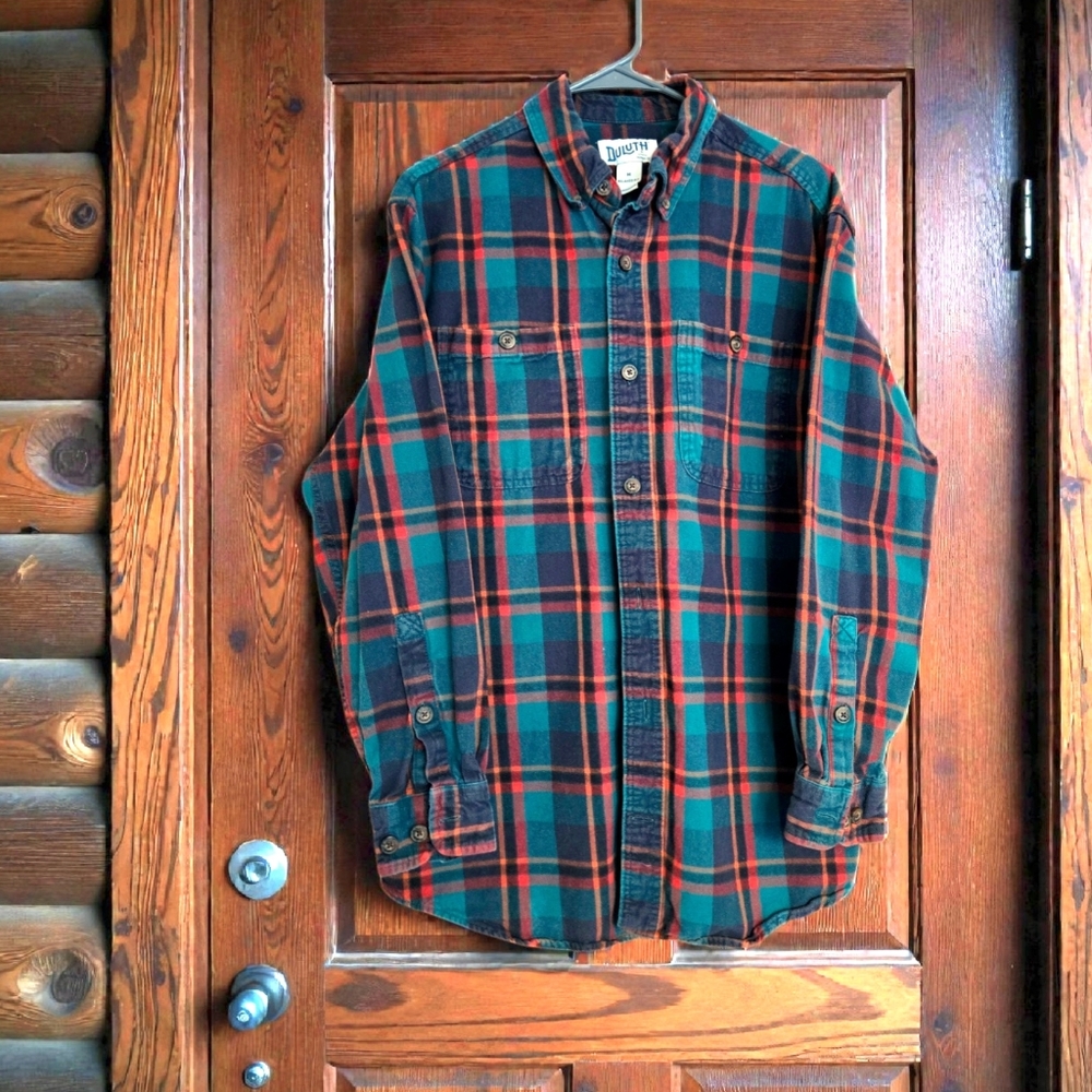 Duluth Trading Co Plaid Heavy Flannel Shirt Green & Red Grunge Lumberjack Camp M